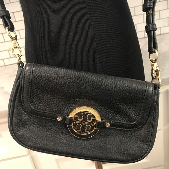 Tory Burch Black Crossbody Bag Womens Pebbled Leather Gold Luxury Designer - Picture 2 of 10